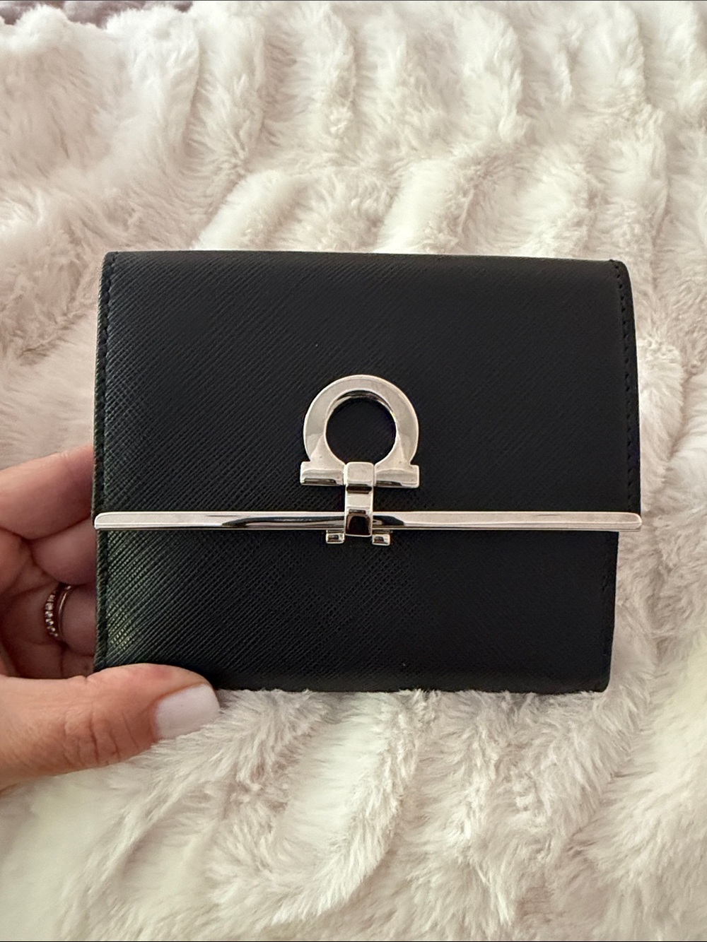 Black Women's Leather Compact Wallet with Silver Hardware